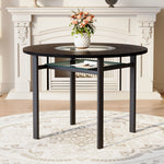 Round Dining Table 100cm Minimalist Black Wood Grain Grey Glass Insert Metal Frame