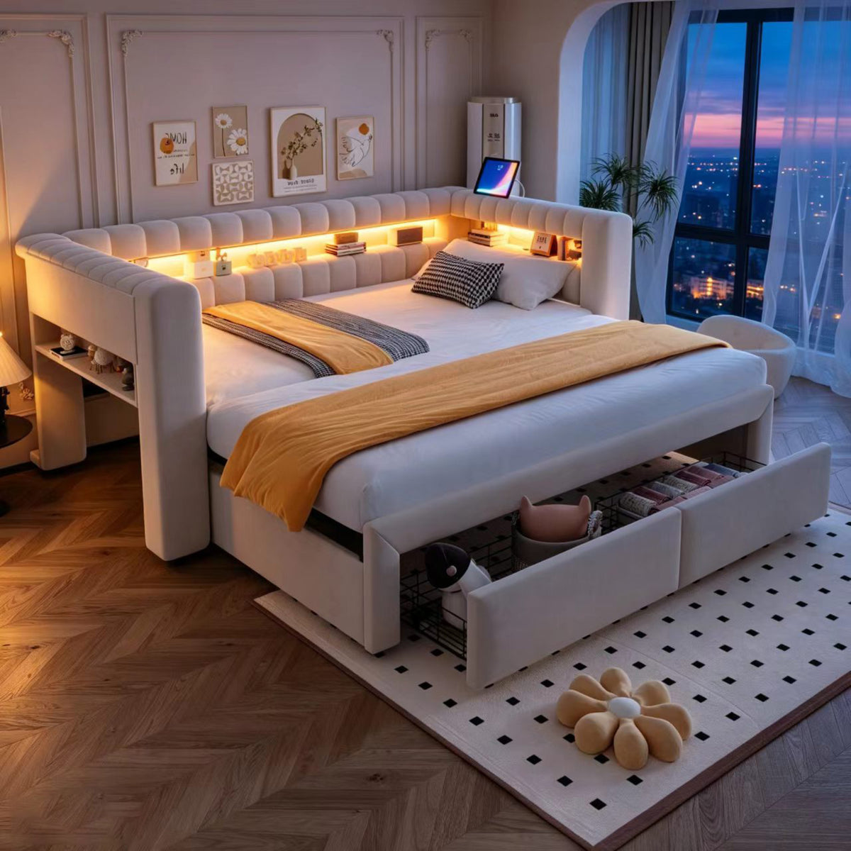 Upholstered Sofa Bed with Pull-Out Bed & Drawers, Beige Velvet