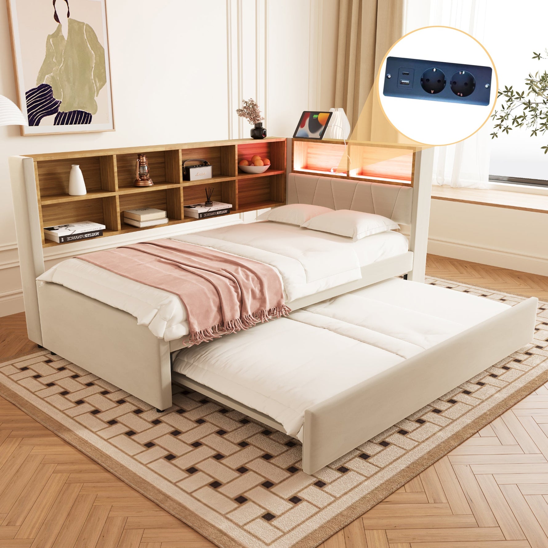 Sofa Bed with Pull-Out Bed, USB Socket, Storage, Upholstered, Beige