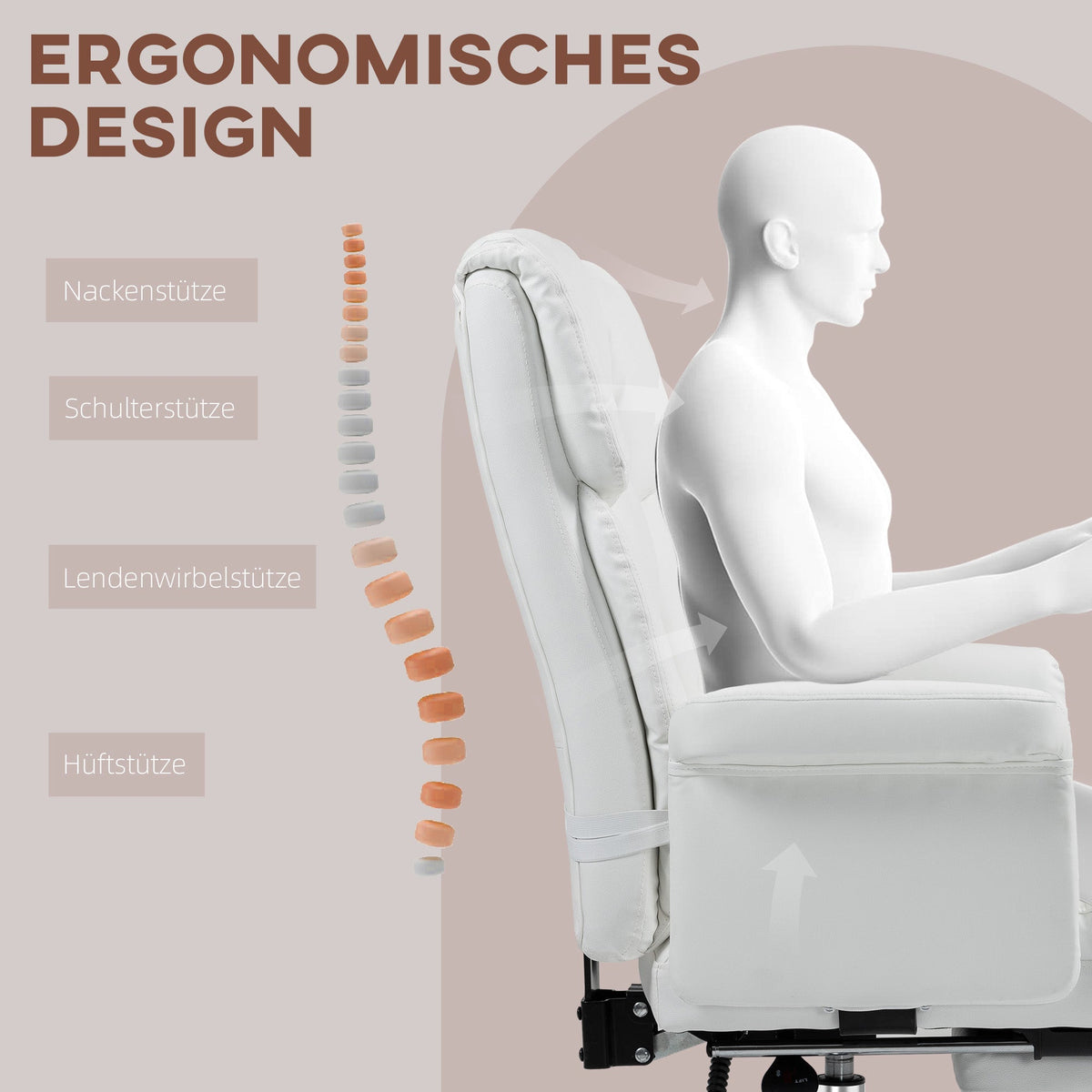 Office Chair, Ergonomic Reclining with Footrest, White Faux Leather