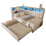 Upholstered Bed 90x200 with Trundle, LED & USB, Beige Linen