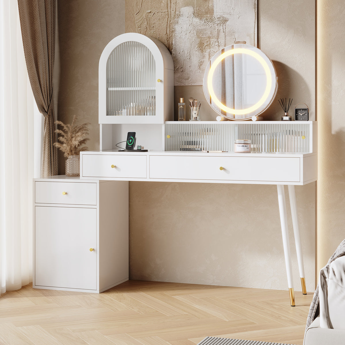 Vanity Table with LED Mirror & USB Ports, L-Shape Design, White