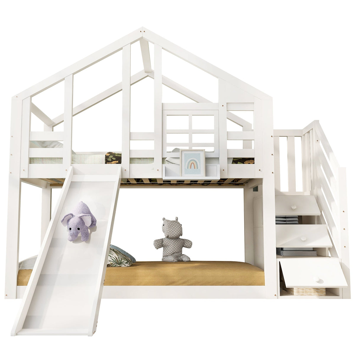 Children's Treehouse Bunk Bed 90x200cm Window Design Slide Fall Protection White