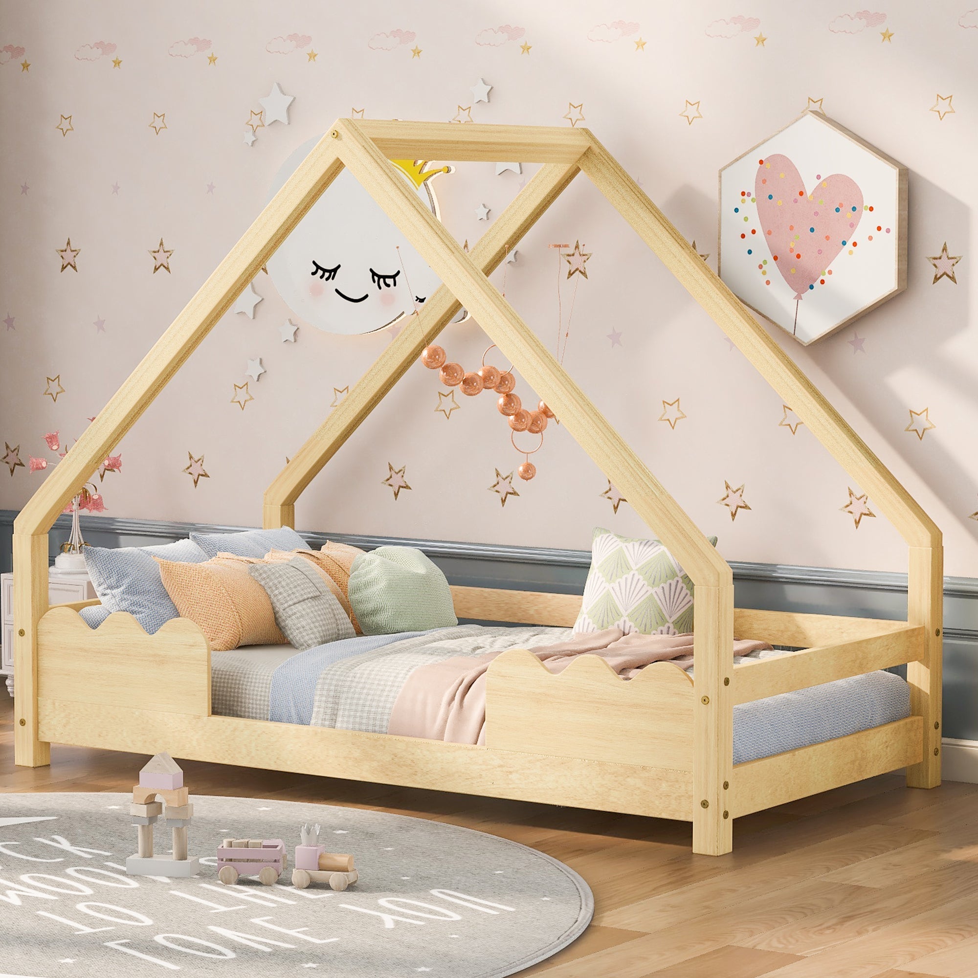 House Bed 90x200cm Fall Protection - Solid Wood Natural
