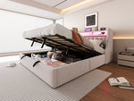 Upholstered Bed 180 x 200 cm, Hydraulic Storage with Fold-Down Headboard and LED Lighting, Beige Velvet