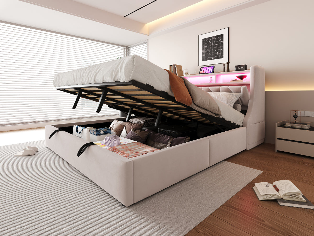 Upholstered Bed 180 x 200 cm, Hydraulic Storage with Fold-Down Headboard and LED Lighting, Beige Velvet