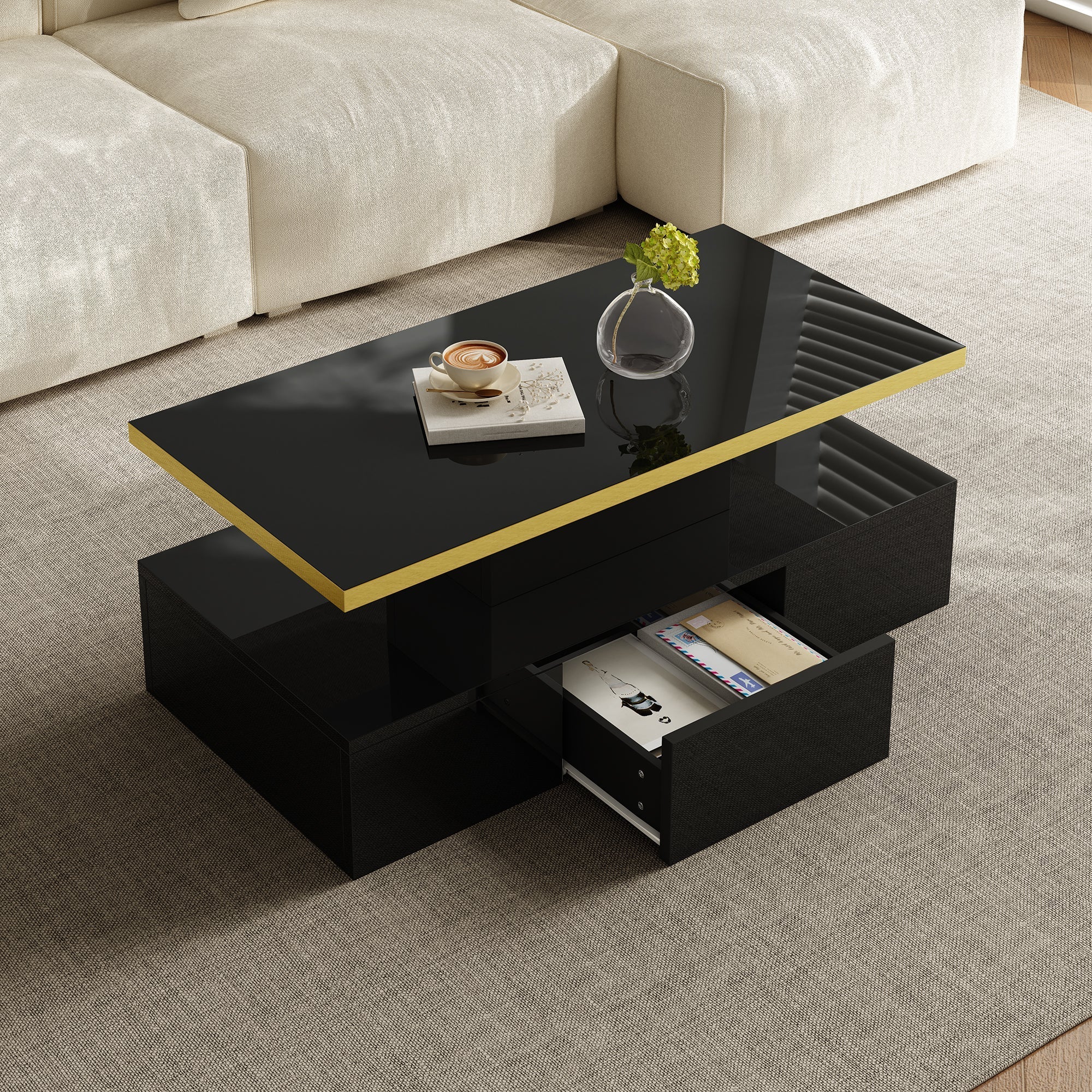Coffee Table with Drawers, Shelves, High-Gloss Finish, LED Light