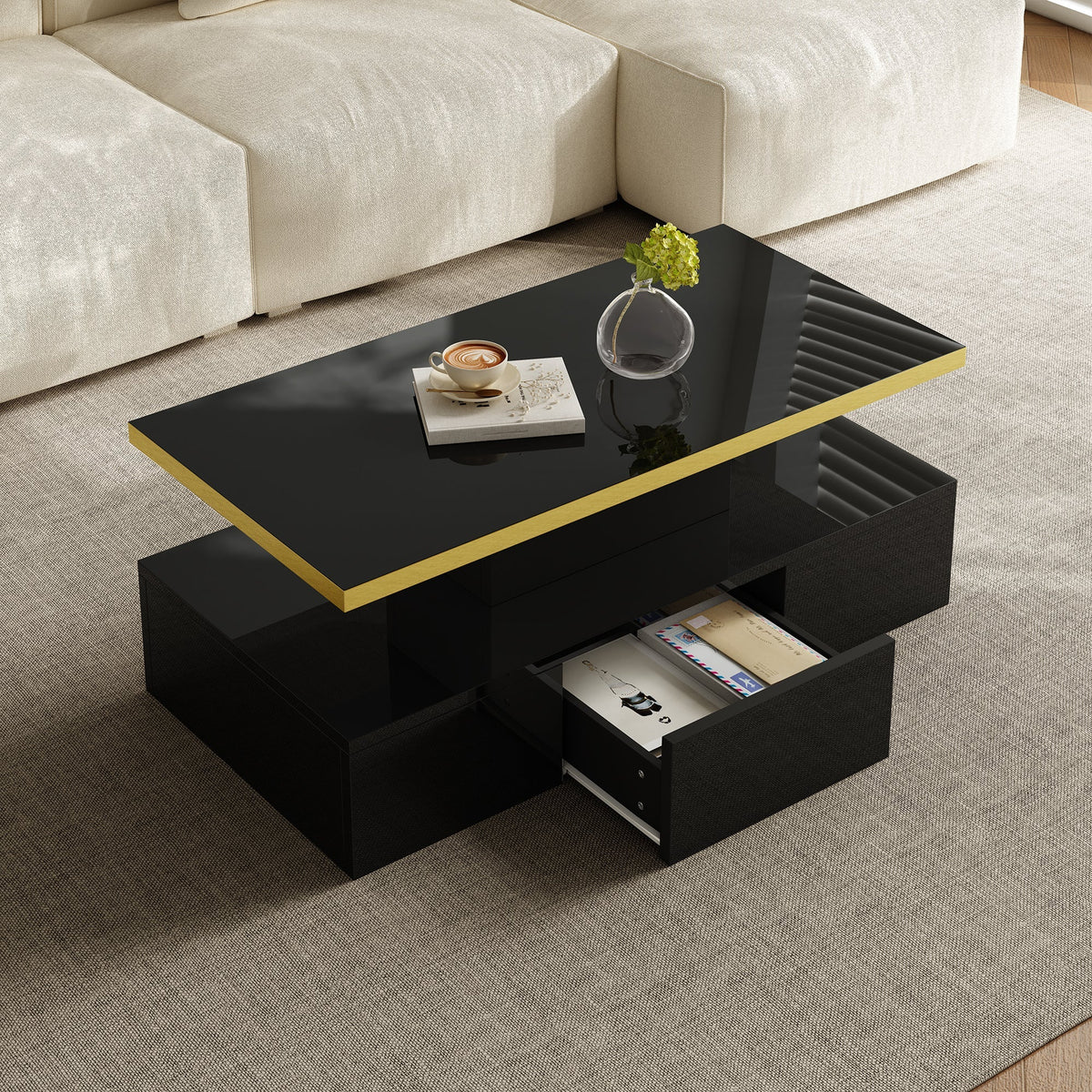 Coffee Table with Drawers, Shelves, High-Gloss Finish, LED Light