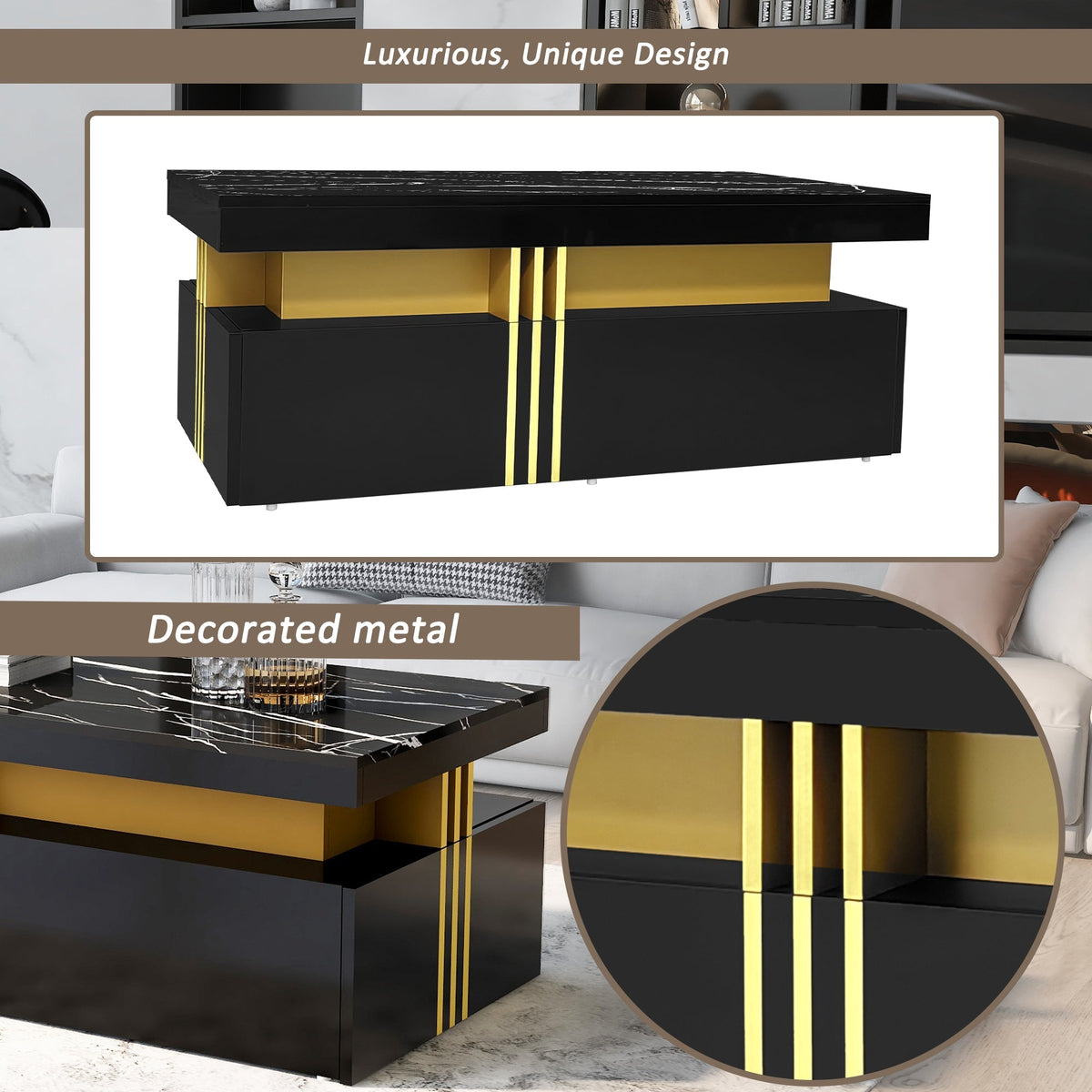 Modern Rectangular Coffee Table with 2 Drawers, High-Gloss and Marble