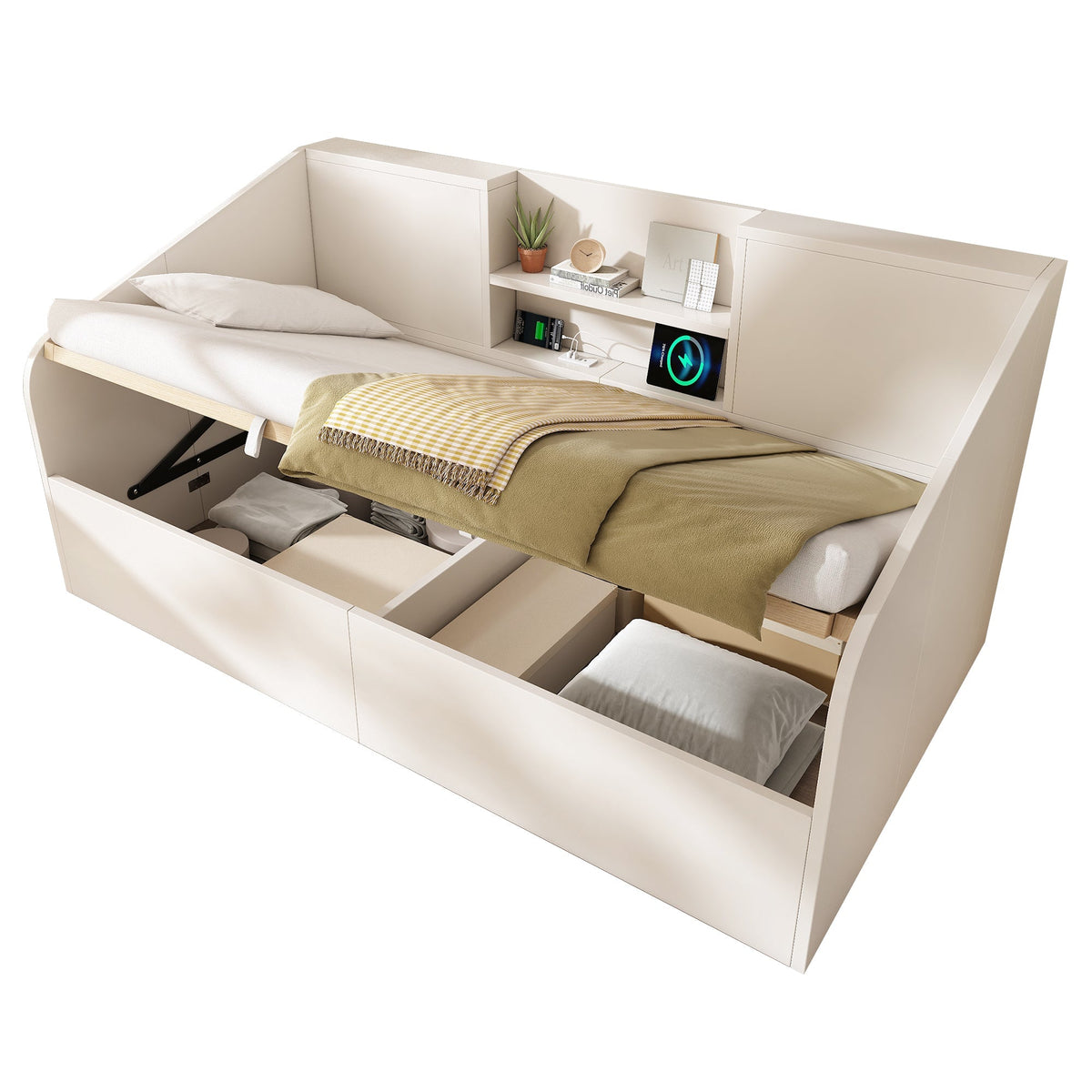 Hydraulic Daybed 90x190cm Storage USB/Type-C Charging 2 Shelves - White Wood