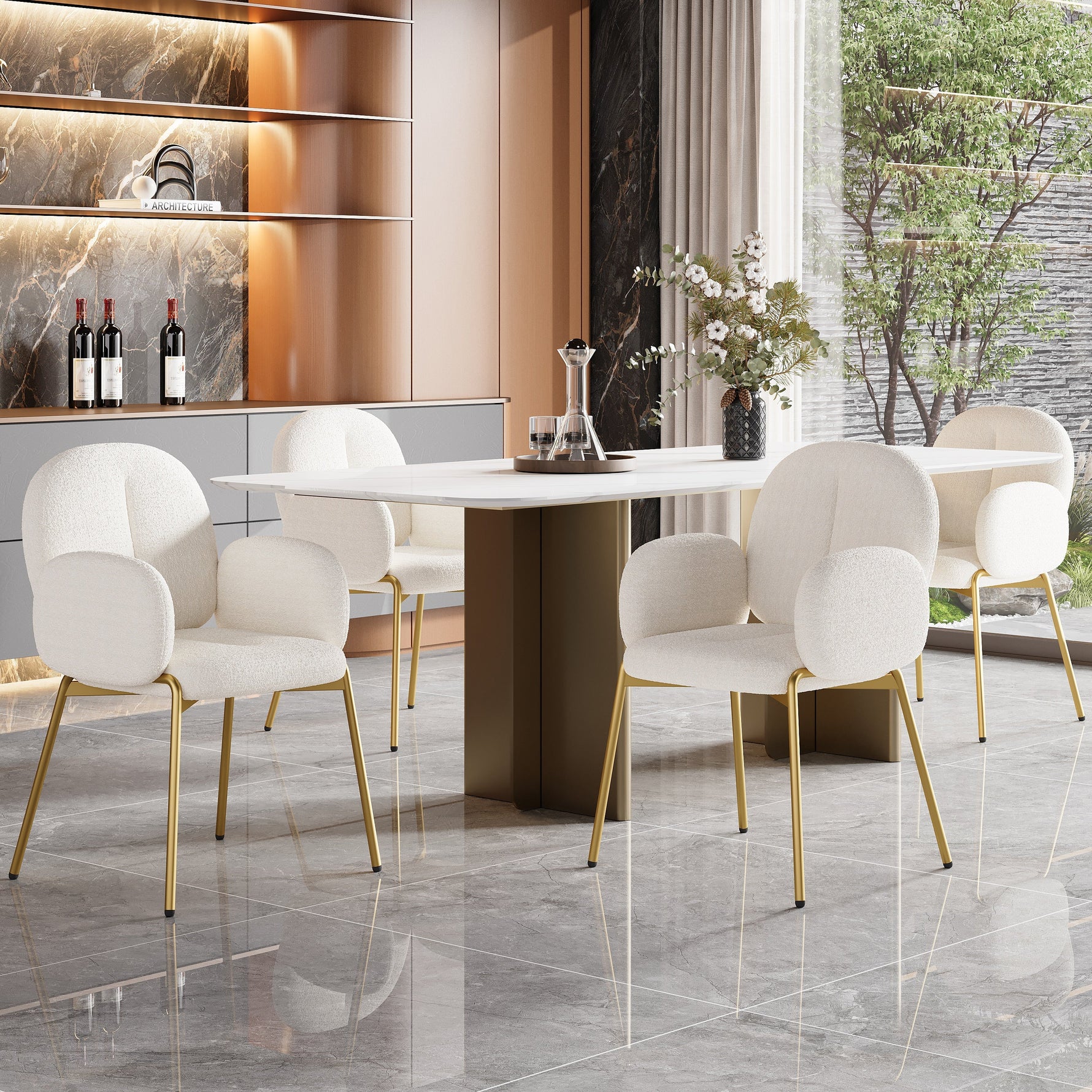 Dining Lounge Chairs Set of 4 with Gold Legs, Beige Teddy