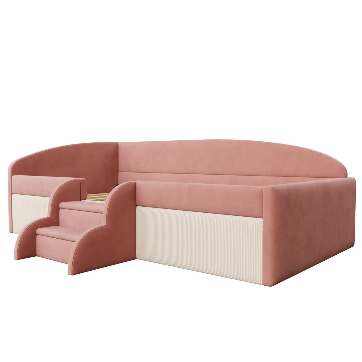 Upholstered Sofa Bed, 90x190cm Multifunctional with Steps and Railings, Velvet Fabric Pink + Cream White