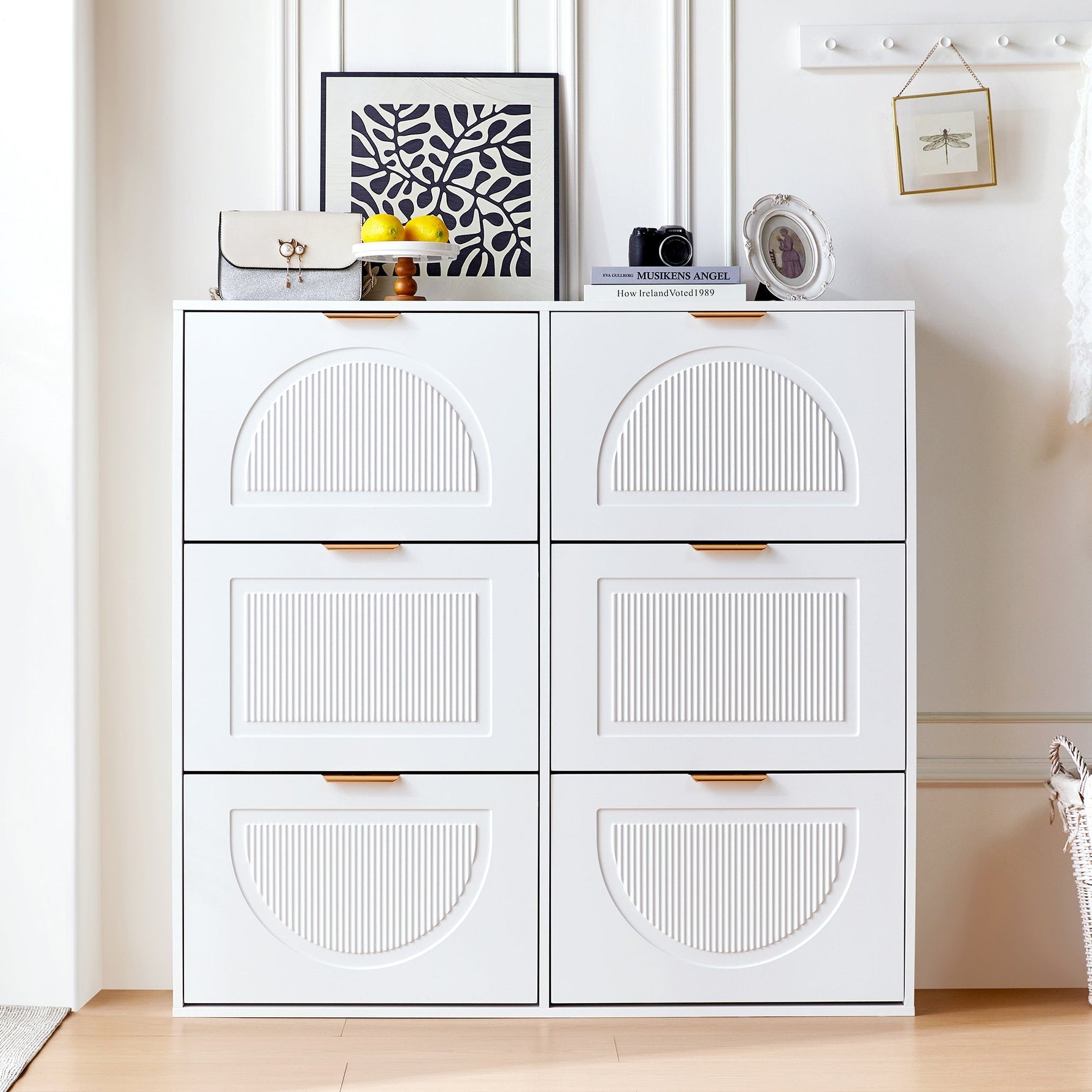 Shoe Cabinet 6 Flaps Open Shelves Freestanding 118x115x25cm - White