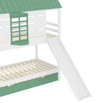 House Bunk Bed, 90X200 with Slide and Pull-Out Bed, White+Green