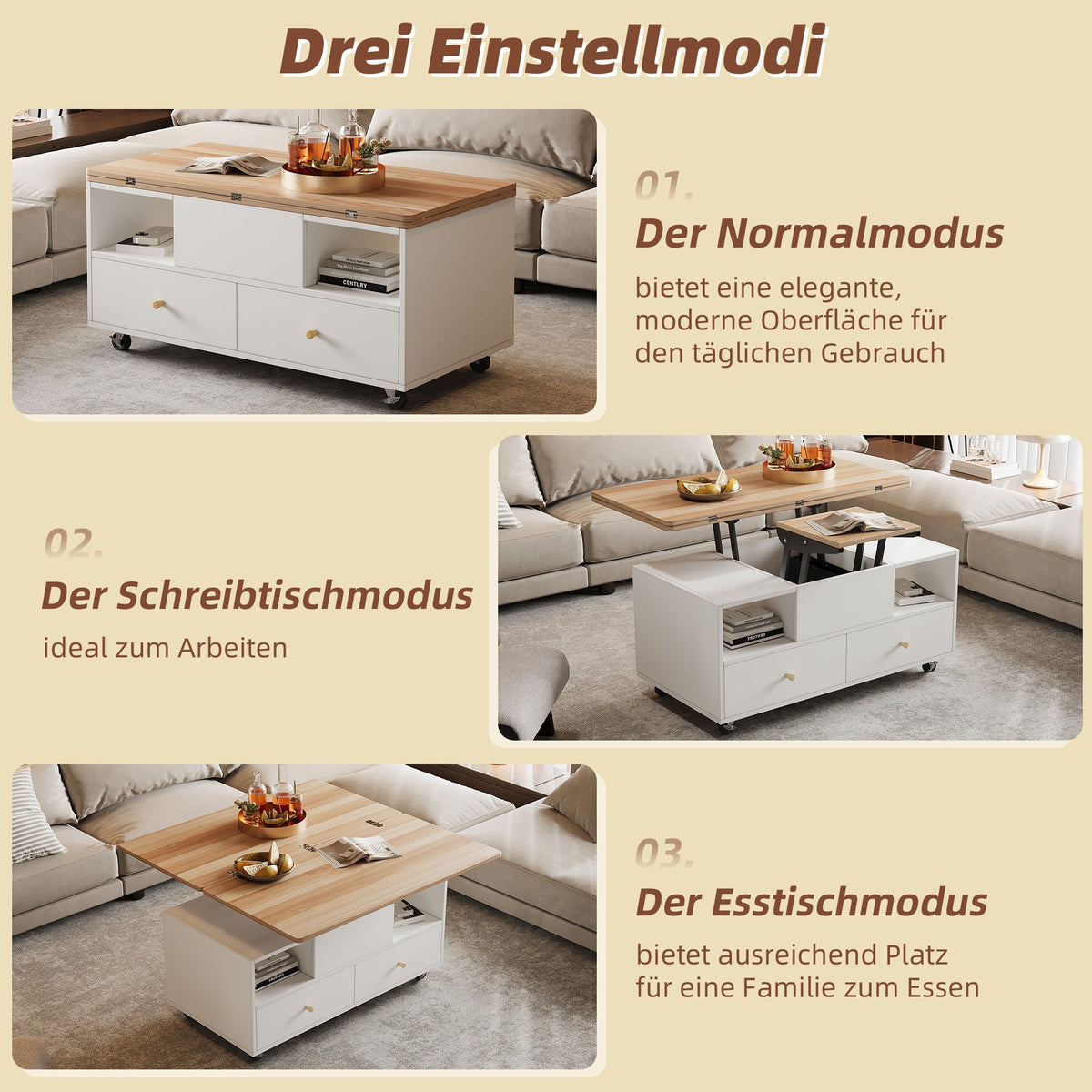 Coffee Table Adjustable Folding 4 Drawers Lift Table Movable Casters