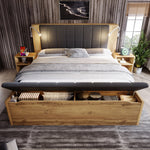 Double Bed 160x200cm Wooden Storage Fold-Down Linen Headboard USB & Bench - Oak