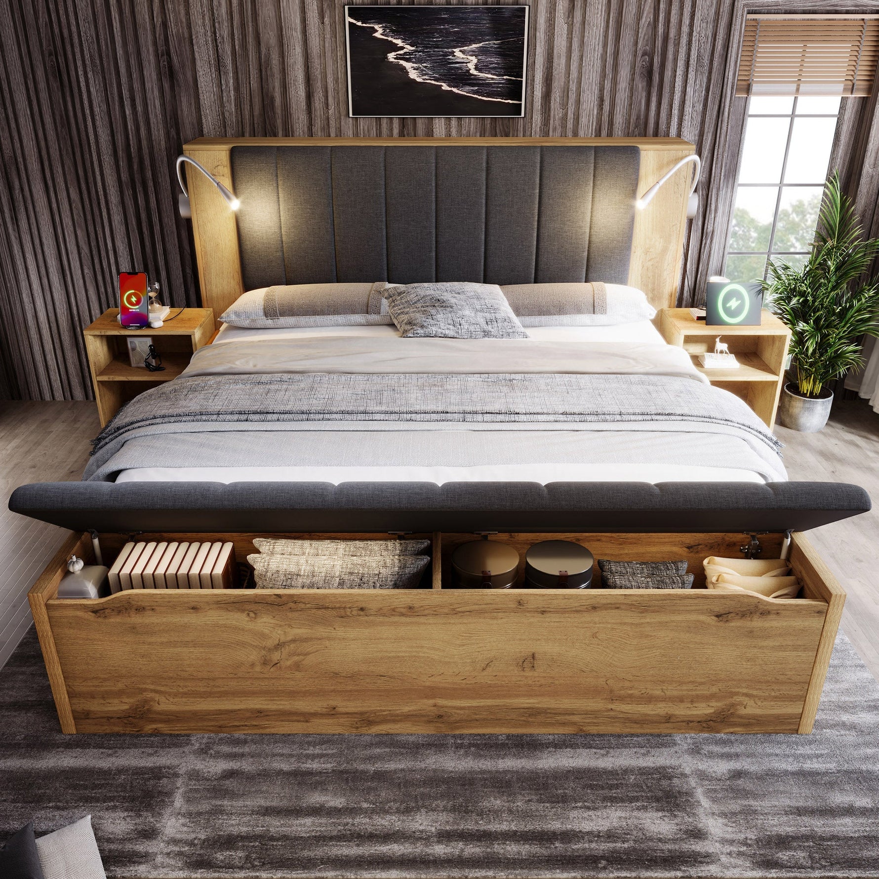 Double Bed 160x200cm Wooden Storage Fold-Down Linen Headboard USB & Bench - Oak