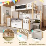 Bunk Bed for 3 Children with Chalkboard, Storage Stairs and Drawers, White Solid Wood