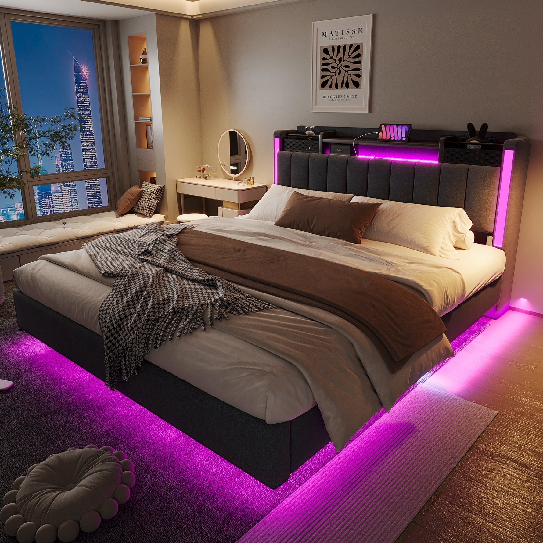 Upholstered Bed, 160*200 LED, USB, Storage Headboard, Grey Linen