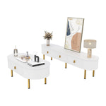 TV Cabinet Coffee Table Set, Luxury Living Room Combination with Drawers, Rounded Corners, White and Gold