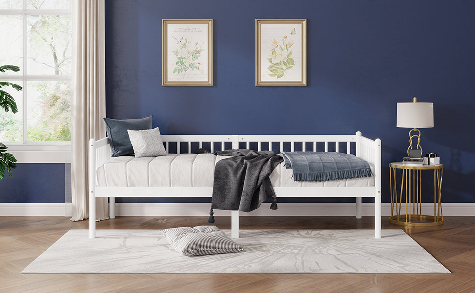 Pine Wood Daybed 90x200cm Sofa Bed with Railings & Slats, White