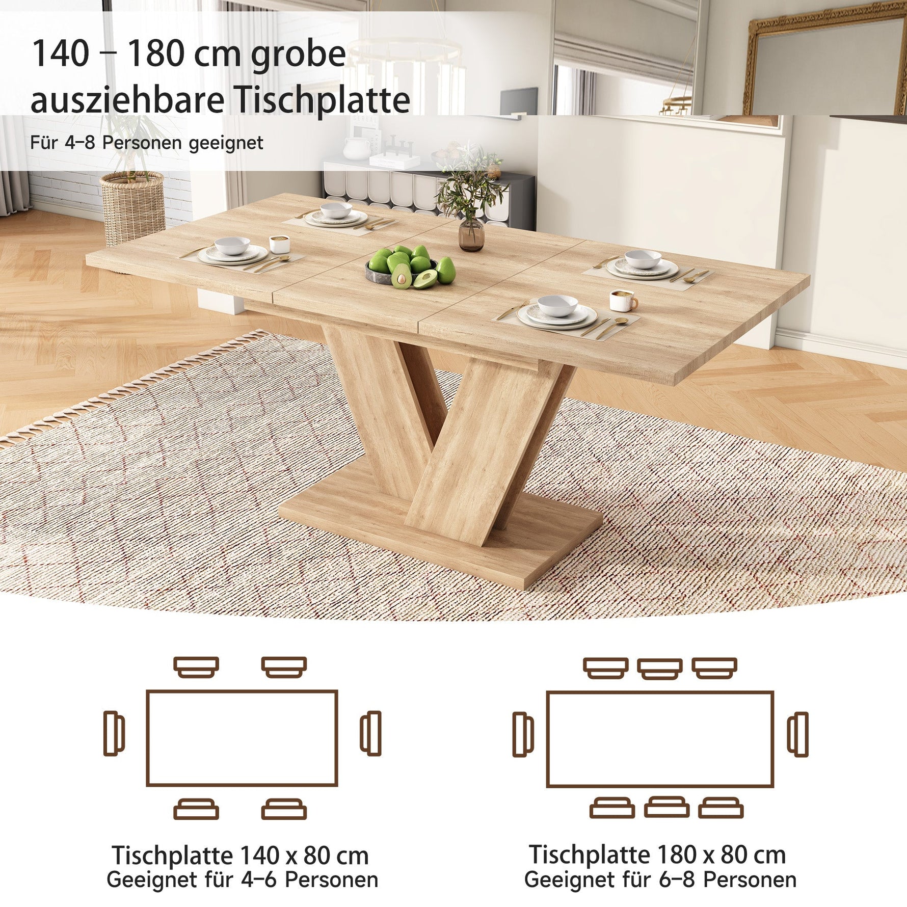 Extendable Dining Table 140/180x80cm Rectangular Thickened Top V-Shaped Legs Oak Color