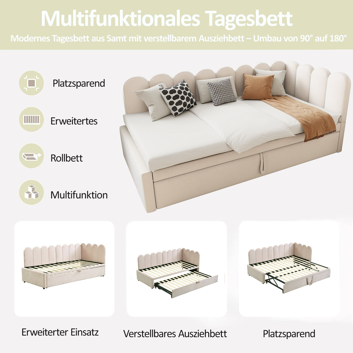 2-in-1 Sleeper Sofa L-Shaped Multifunctional Bed 90/180x200cm Velvet Beige