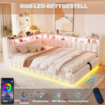 Upholstered Sofa Bed 140x200cm with Storage & LED, Beige Velvet