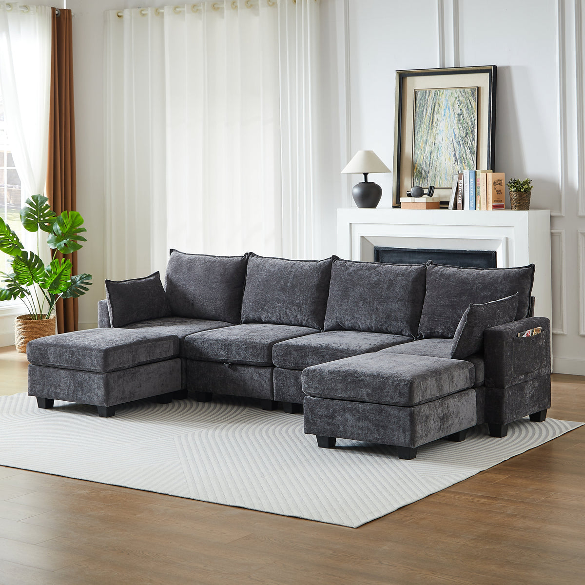Modular Sofa U-Shaped 6-Seater Chaise Longue Storage Ottoman Chenille