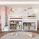 Multifunctional Children's Bed with Stairs, Storage and Convertible Desk, 90x200cm, White Wood