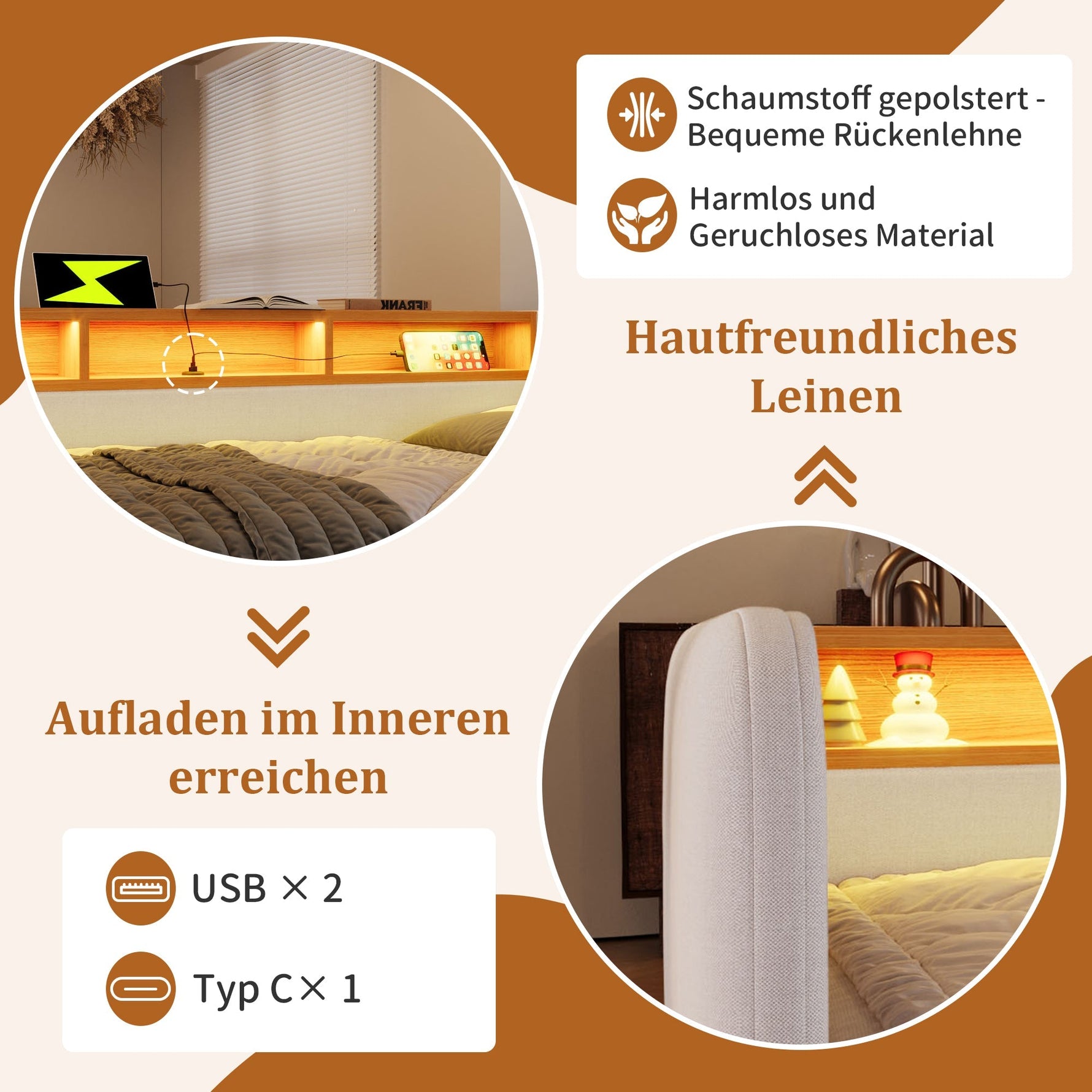Upholstered Daybed with LED, USB-C, 2 Drawers and Storage Headboard, 140x190cm, Light Beige Linen