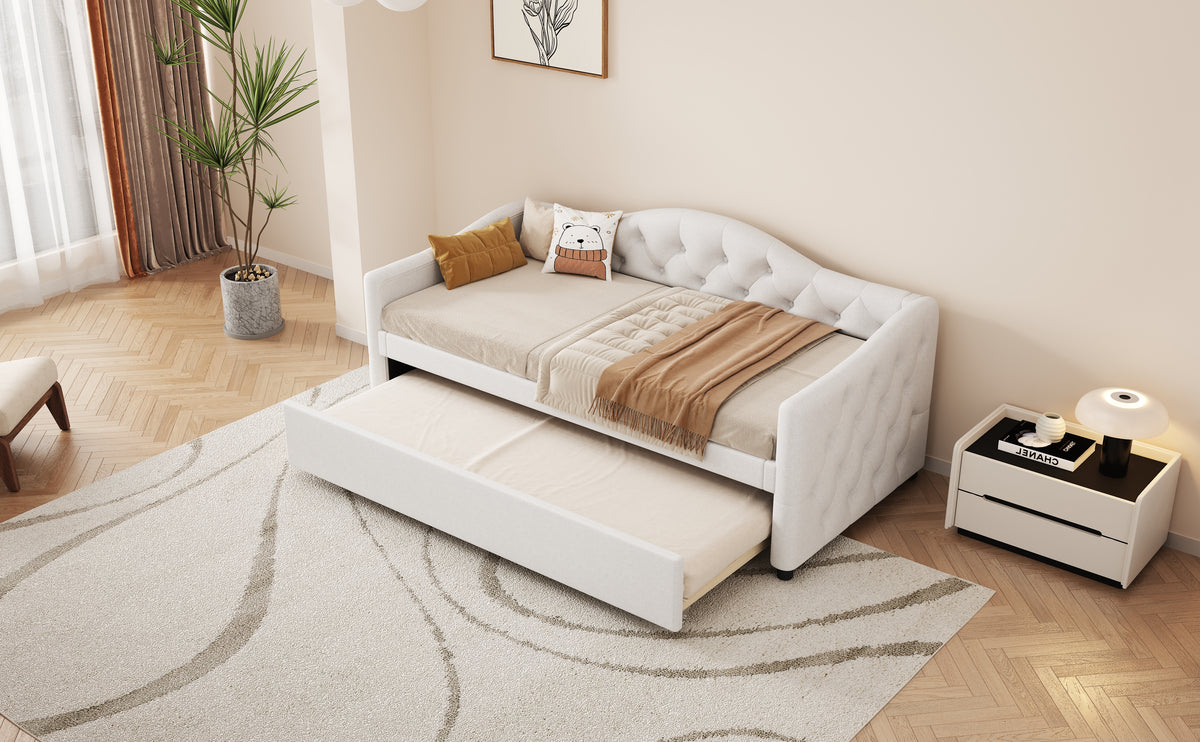 Daybed 90x200cm with Pull-Out Bed, Sofa Bed - Beige Linen