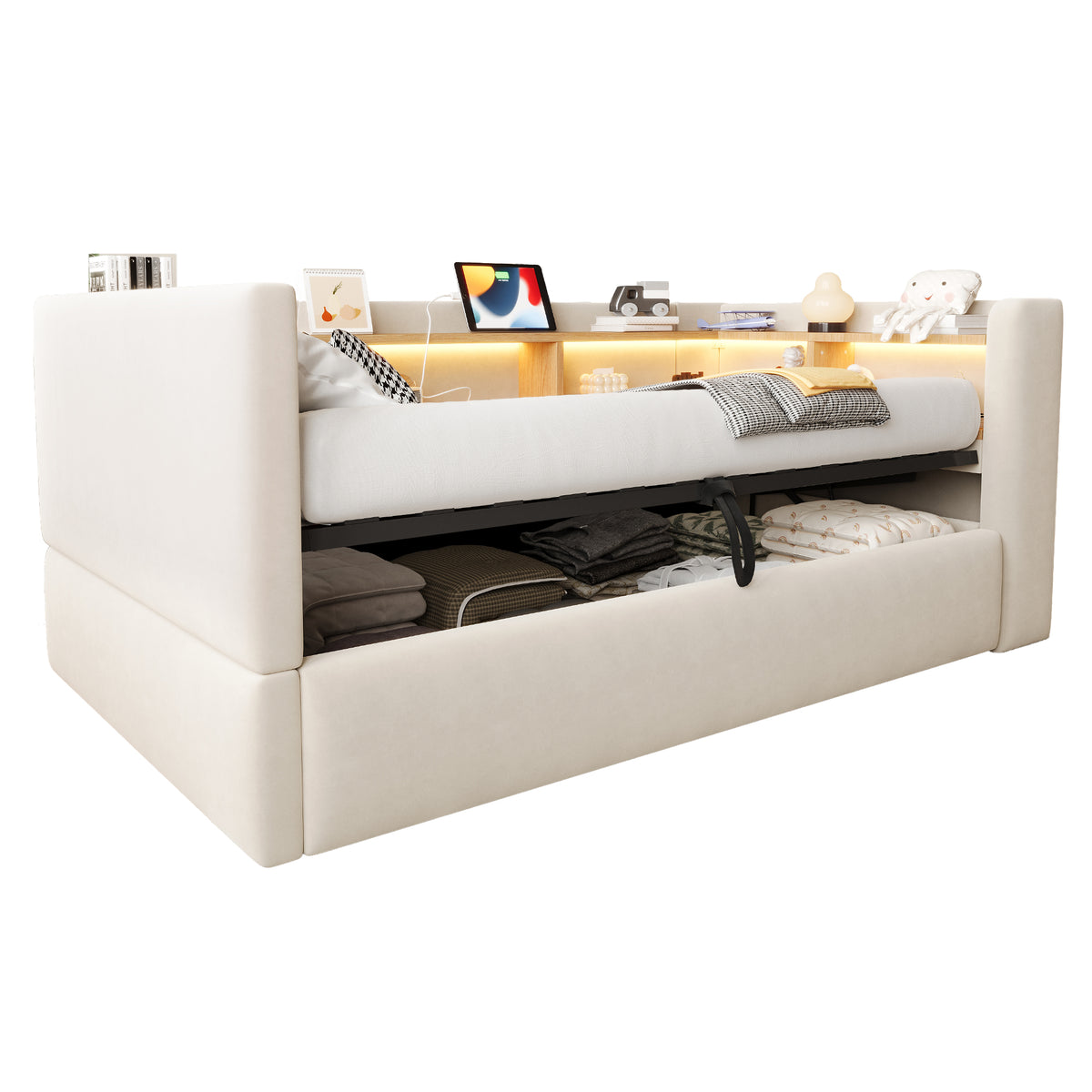 Upholstered Sleeper Sofa 90x190cm with Storage & LED, Beige