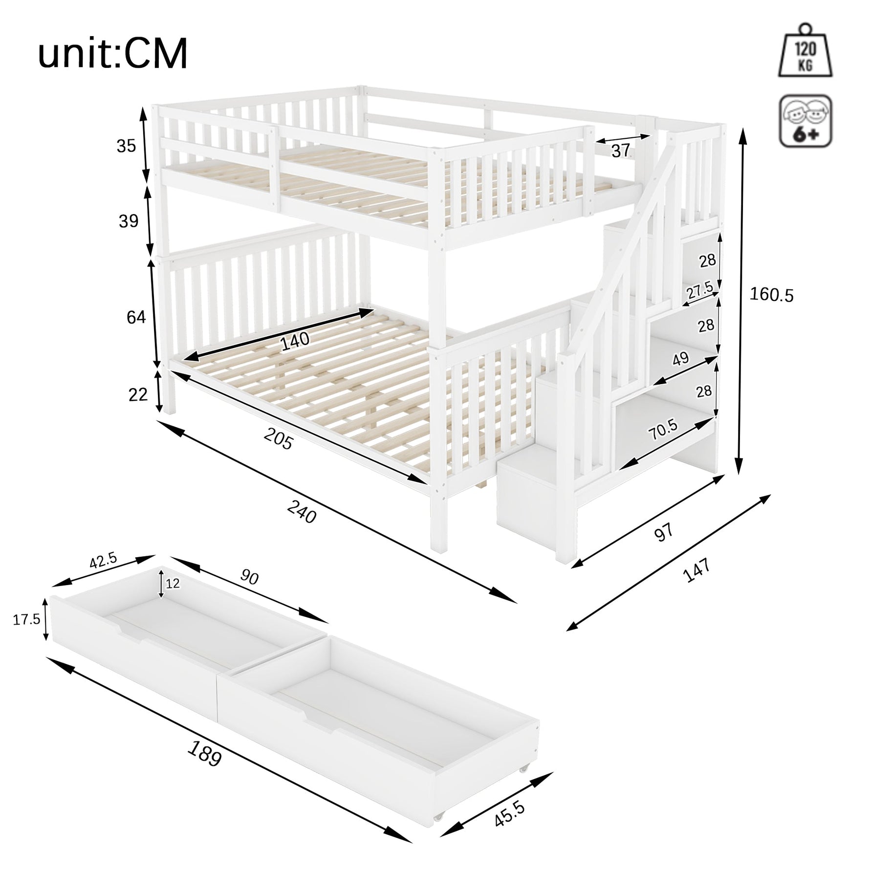 Bunk Bed 140x200cm Stair Storage 2 Drawers White