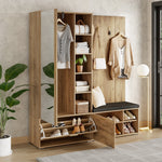 Wardrobe Set with Mirror, Shoe Bench and Coat Rack, Wood Color