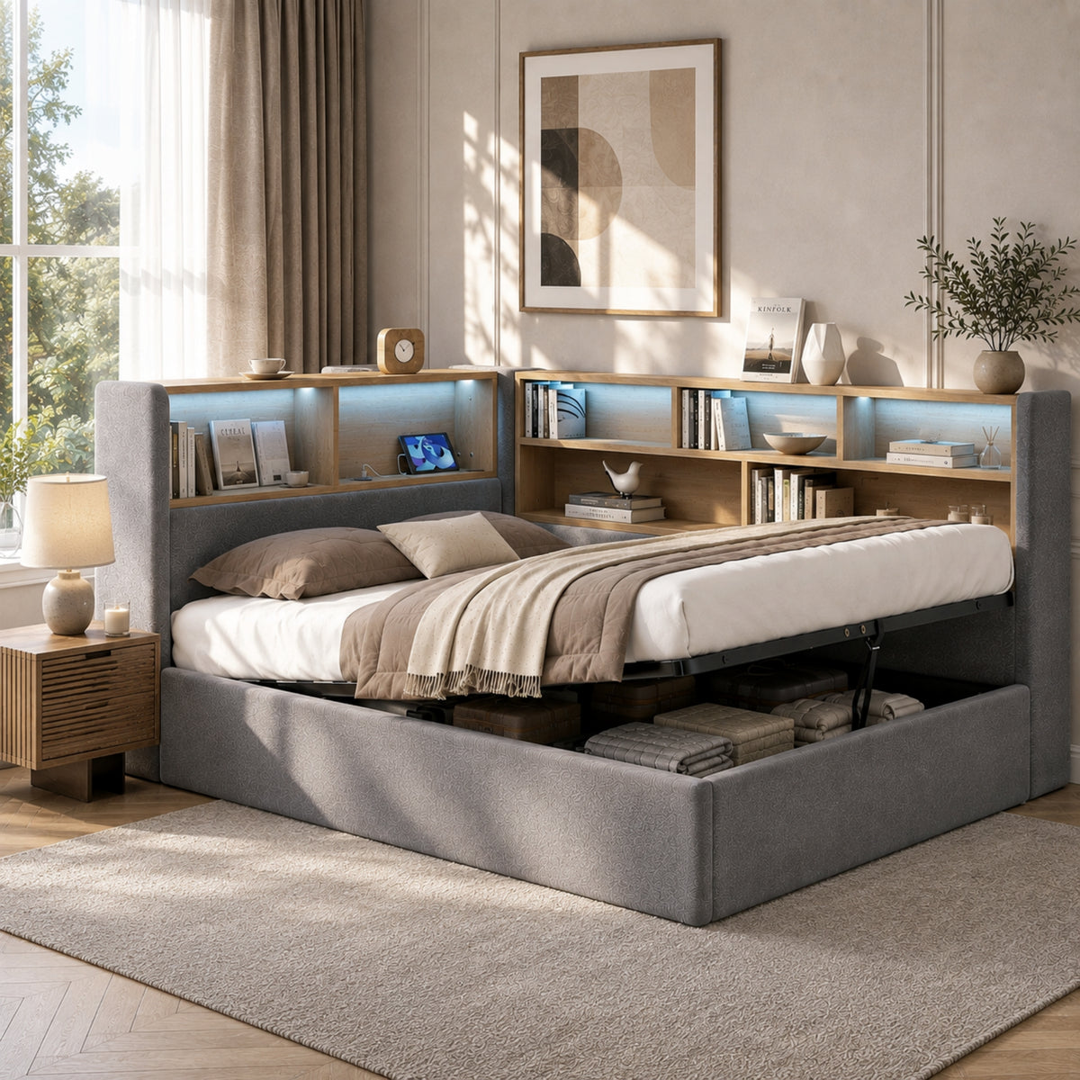 Daybed 140x190cm with Hydraulic Storage, LED & USB, Grey Velvet