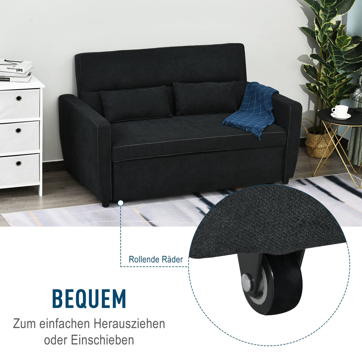 Sleeper Sofa, Convertible 2-Seater Adjustable Angle, Fabric Black