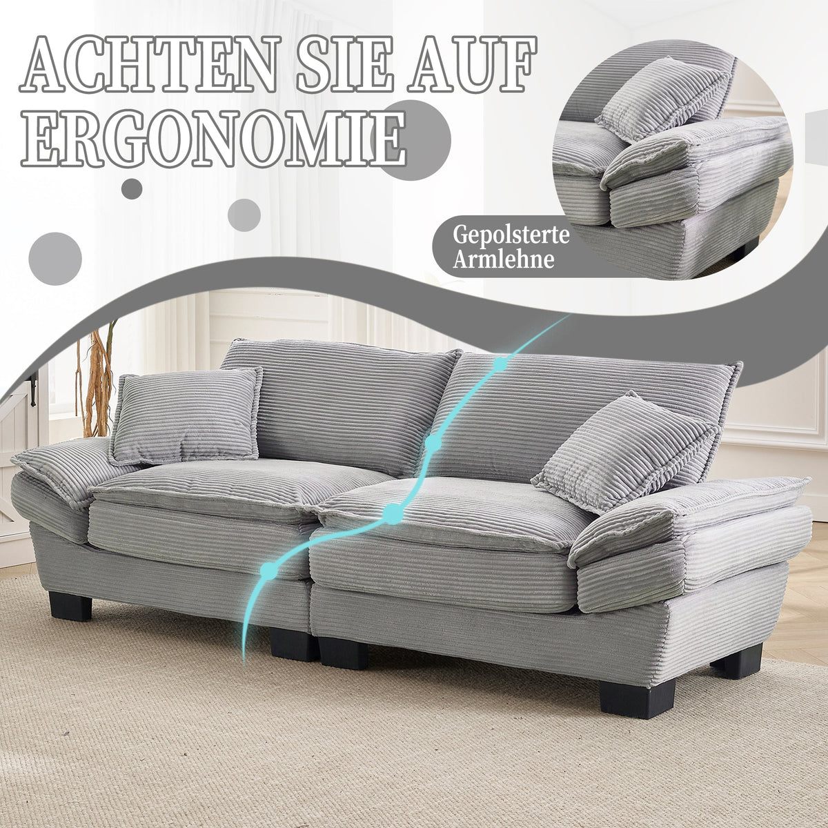 Double Sofa, Modern Feather Bed Simple Spacious, Light Grey