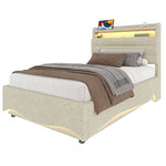 Upholstered Bed with LED Lighting, Hydraulic Storage, and USB Ports, Beige Linen Fabric