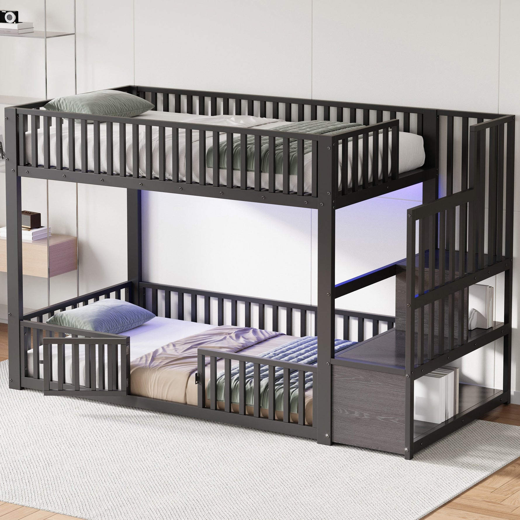 Bunk Bed with Storage Ladder and LED, 90x200cm, Black Metal