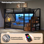 Loft Bed 140x200cm LED Storage Staircase - Black Iron Frame