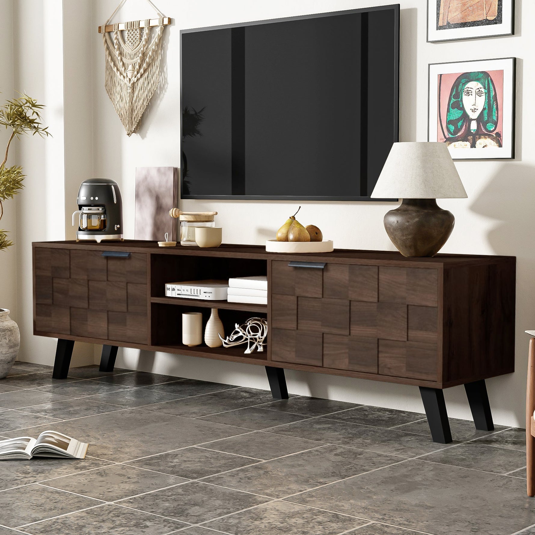 Modern TV Cabinet 2 Doors 2 Open Compartments 160.5cm - Dark Wood Grain
