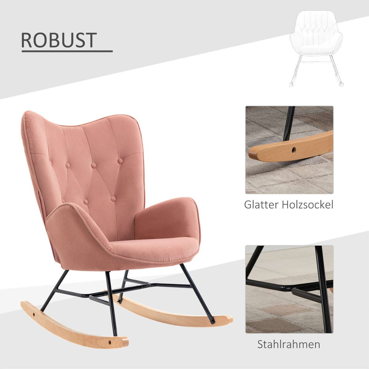 Nursing Rocking Chair, High Back Steel Frame, Pink Velvet
