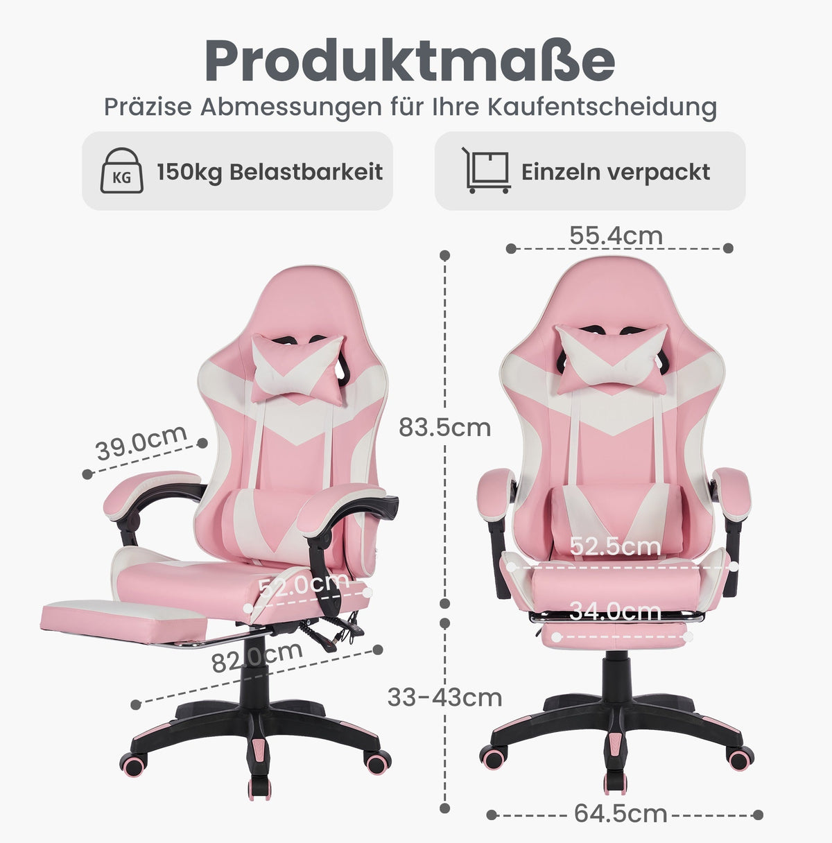 Gaming Chair Ergonomic Racing High-Back Swivel with Footrest & Lumbar Support Leather White & Pink