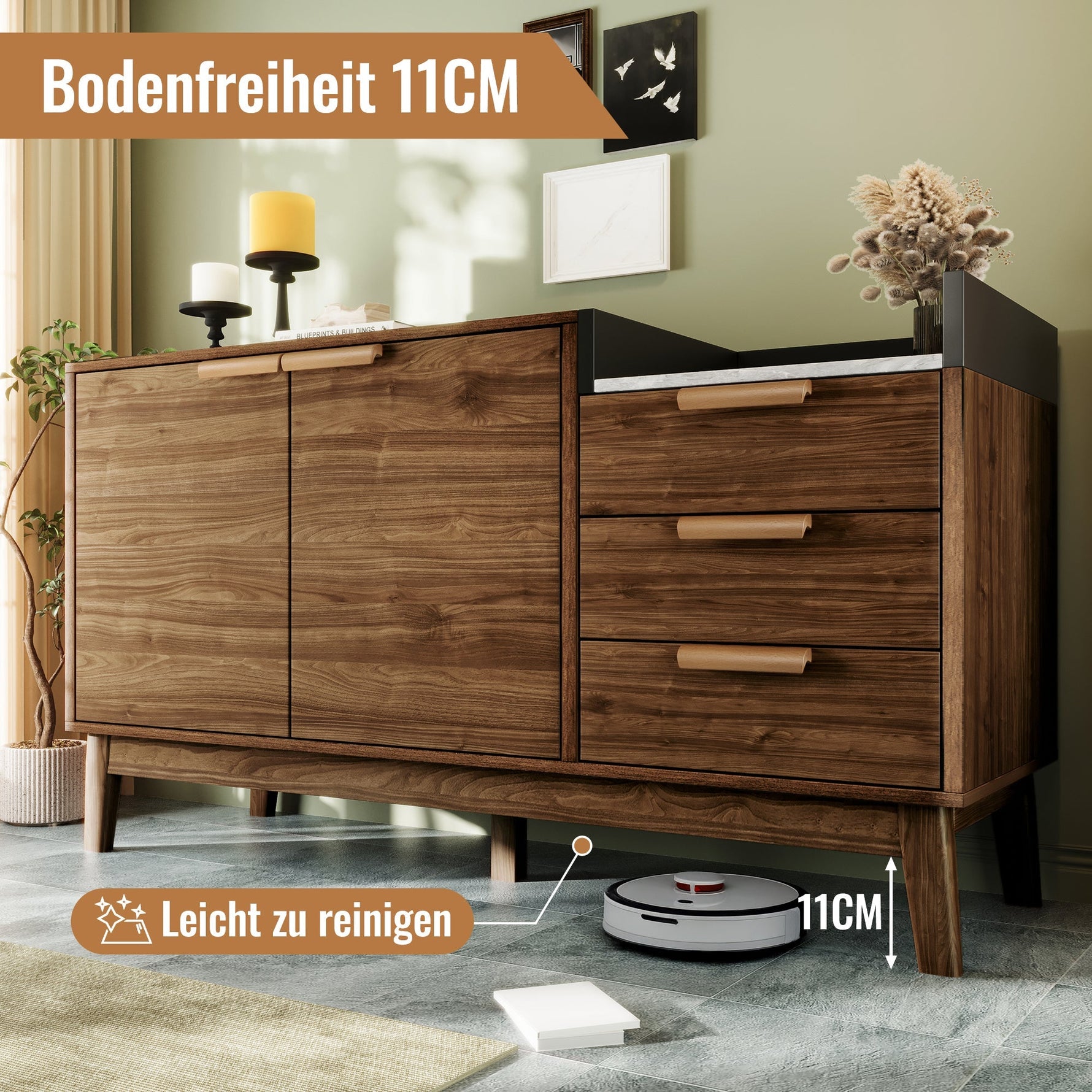 Chest of Drawers, Open Shelf, 3 Drawers & Double-Door Cabinet, Oak with Marble-Effect