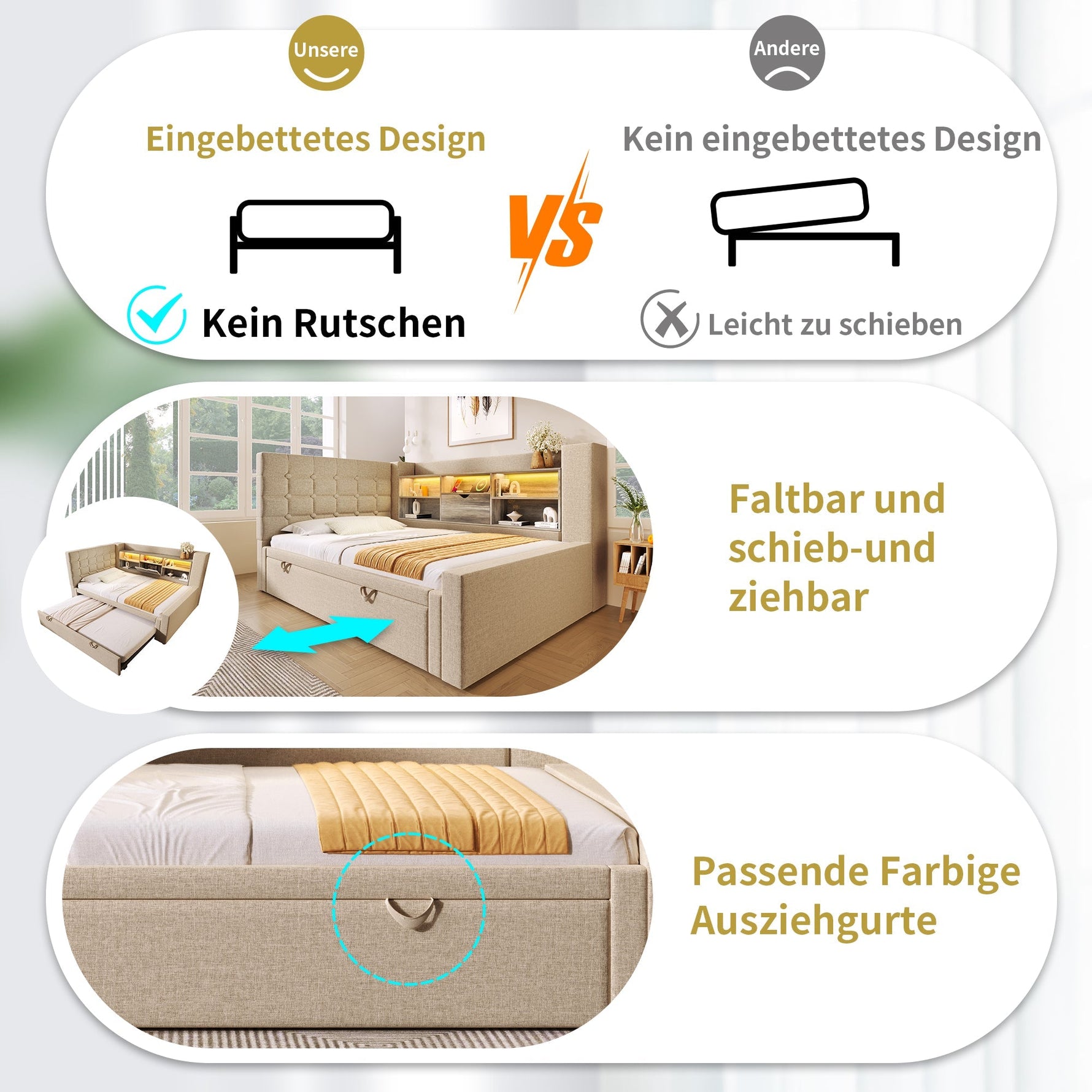 Upholstered Bed 90x200cm Pull-Out Bed LED Storage Headboard - Linen Beige