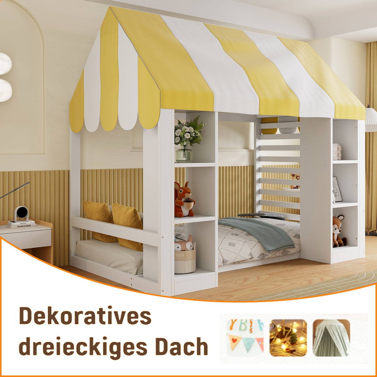 Children's Canopy Bed 90x200cm with Storage, Wooden Frame, White