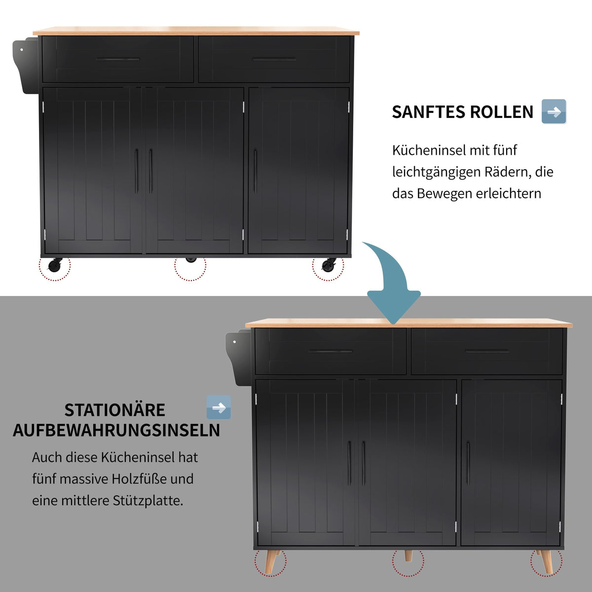 Dining Table Trolley with Folding Tabletop and Storage Cabinets, Black