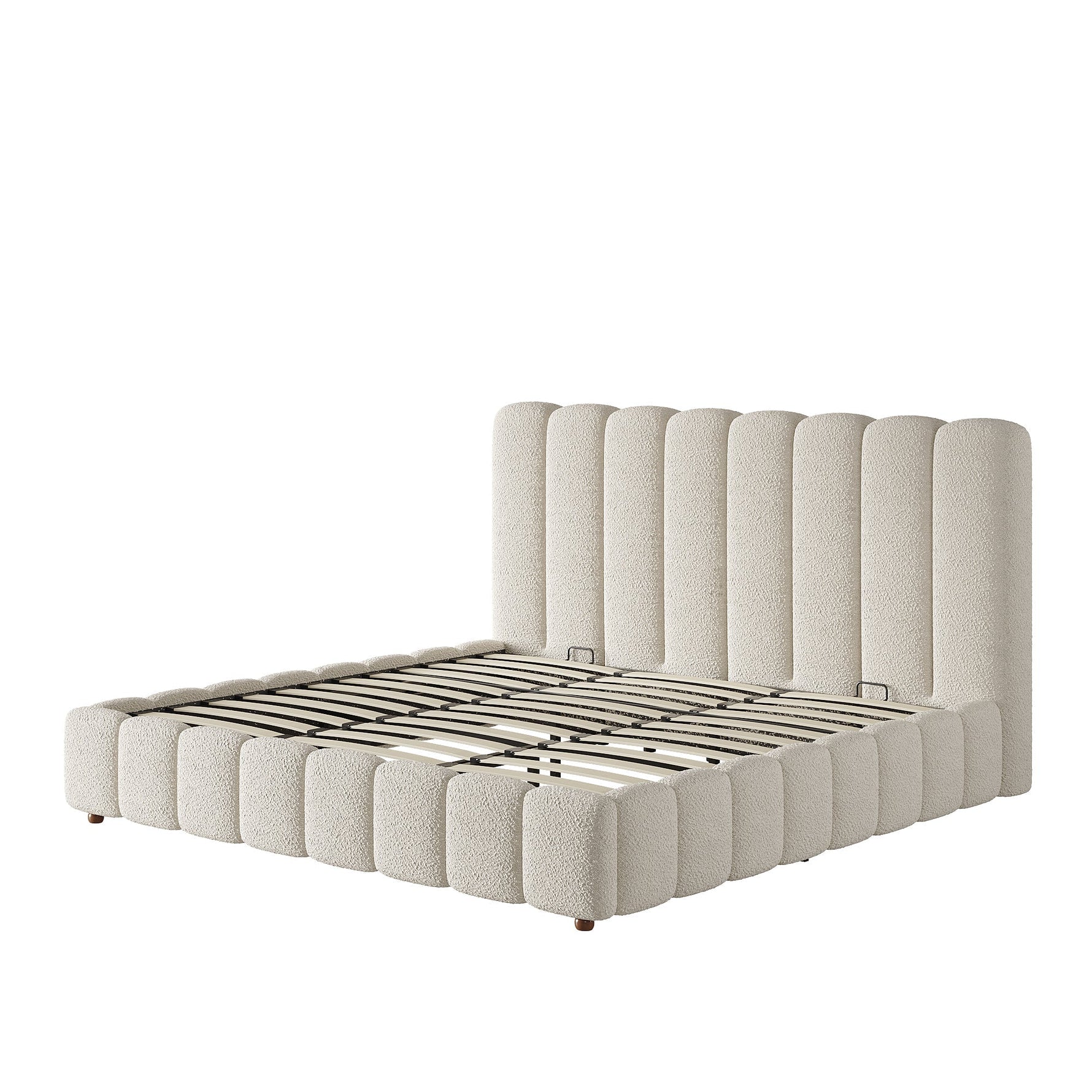 Upholstered Double Bed with Hydraulic Storage and Slatted Frame, 200x200cm, White Bouclé