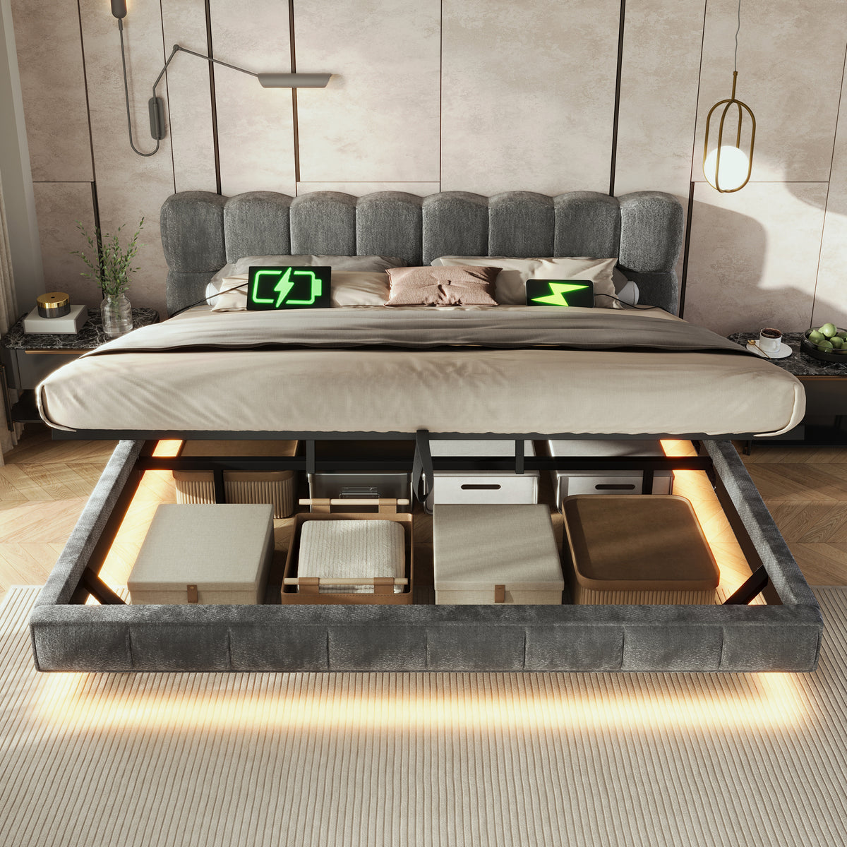 Upholstered Cloud Bed 180x200cm Hydraulic Storage LED, Grey Chenille